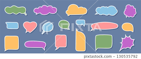 Hand drawn organic bubble sticker set in round and cloud forms. Speech and chat dialogue with doodle talk comment message shapes as colorful sticker circle element. Ideal for text or message Hand drawn organic bubble sticker set in round and cloud forms. Speech and chat dialogue with doodle talk comment message shapes as colorful sticker circle element. Ideal for text or message 130535792