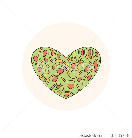 Retro groovy heart sticker in a colorful pattern circle. Y2k seal with pop lid and package theme, abstract love shape for creative label and trendy product stamp. 130535796