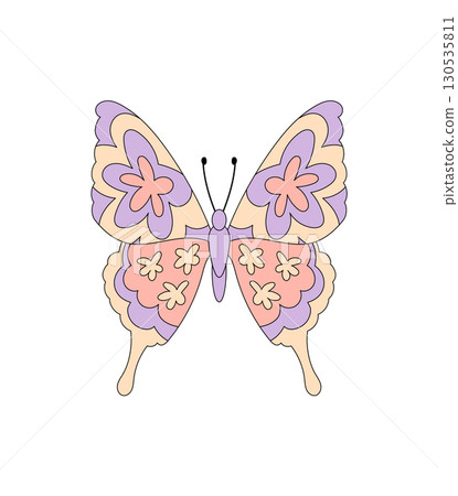 Groovy retro butterfly in pastel color with funky flower and sticker look. Butterfly as a vintage groovy element, colorful y2k graphic in bold form. Perfect for sticker, patch, or graphic art. Groovy retro butterfly in pastel color with funky flower and sticker look. Butterfly as a vintage groovy element, colorful y2k graphic in bold form. Perfect for sticker, patch, or graphic art. 130535811
