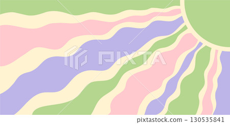 Groovy retro sun burst with wavy yellow rays and colorful background. Sunshine and burst in bold y2k style, horizontal orientation. Vivid sun graphic perfect for trendy poster or creative use. 130535841