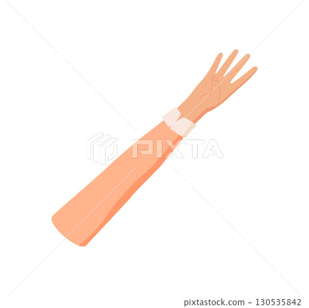 Flat cartoon gesture shows number four. Bare hand with open palm and four raised fingers creates a counting gesture. Professional and creative style, isolated for math, education, or preschool 130535842