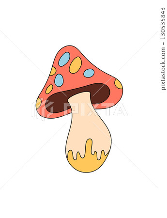 Groovy retro mushroom sticker in psychedelic cartoon graphic style and colorful yellow magic shroom motif. Groovy element and y2k mood, perfect for cool pop art, vintage trendy sticker collections. 130535843