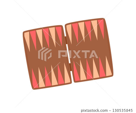 Flat wooden backgammon board game with strategic tile pieces. Classic boardgame for table leisure and family fun. Perfect for group activity, recreation, or casual entertainment, featuring a simple 130535845