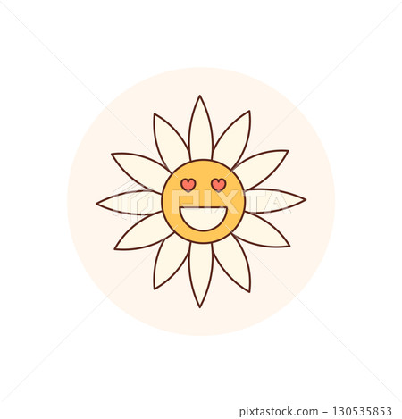Cute retro daisy sticker with a happy smiley and heart eyes in a yellow circle. Groovy element as sunshine flower lid seal, y2k style, playful and cheerful for packaging or fun product badge. Cute retro daisy sticker with a happy smiley and heart eyes in a yellow circle. Groovy element as sunshine flower lid seal, y2k style, playful and cheerful for packaging or fun product badge. 130535853