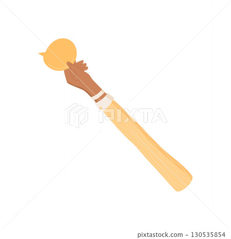Raised hand holding a yellow chatbox in flat style. Gesture signifies human communication and speech. Symbol of people, diversity, and support, depicted in a colorful creative concept. Raised hand holding a yellow chatbox in flat style. Gesture signifies human communication and speech. Symbol of people, diversity, and support, depicted in a colorful creative concept. 130535854