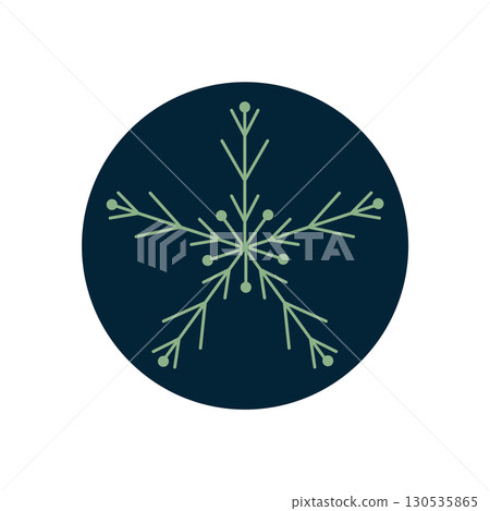 Round blue sticker with a snowflake outline and ornament style. Winter holiday decoration element for a box label, simple and elegant for christmas or seasonal packaging. 130535865