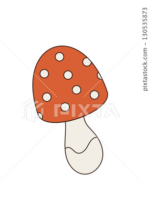Groovy retro cartoon mushroom sticker with bold red cap and psychedelic fantasy vibe. Magic shroom as playful y2k element, fun icon for sticker, creative pop art accent and whimsical decor. 130535873