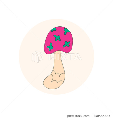 Groovy magic mushroom pink sticker badge in retro cartoon graphic style. Playful package seal and emblem with circle lid y2k charm. Groovy element and badge accent for product label. 130535883