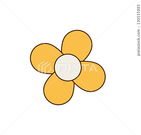 Groovy retro sticker with a cartoon flower in a cute yellow pop style. Fun groovy element for 70s and y2k visuals, graphic with playful and trendy vintage vibe for colorful sticker or pop art 130535885
