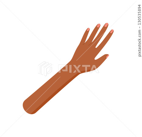 Flat cartoon graphic style human hand symbol with raised fingers. Open palm emphasizes ethnic and multicultural themes. Diverse gesture for equality and solidarity visuals. 130535894