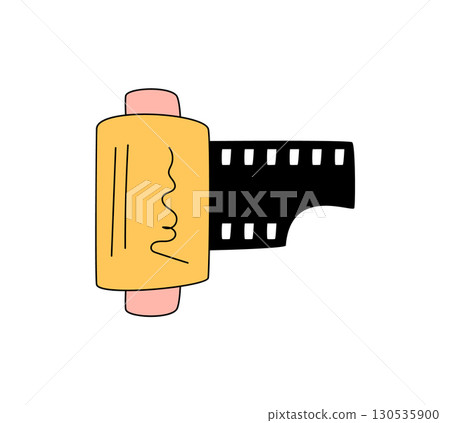 Groovy retro camera film sticker doodle with hand drawn style. Vintage yellow and black graphic as playful groovy element for y2k nostalgic design and creative label use. 130535900