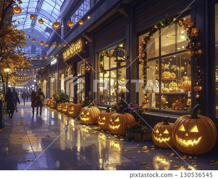 A colorful arcade in a shopping mall decorated for Halloween 130536545