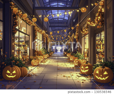 A colorful arcade in a shopping mall decorated for Halloween A colorful arcade in a shopping mall decorated for Halloween 130536546