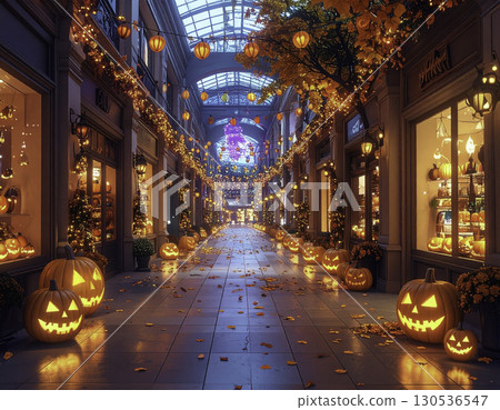 A colorful arcade in a shopping mall decorated for Halloween 130536547
