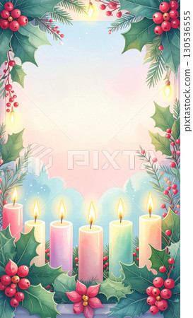 A gorgeous Christmas frame with holly and colorful candles 130536555
