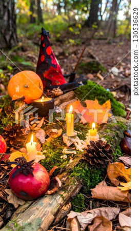 Autumnal Forest Still Life with Glowing Candles Pumpkins Leaves and Witch Hat in Moody Lighting 130536629