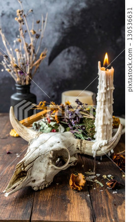 Dramatic Still Life with a Cow Skull and Burning Candle Surrounded by Dried Herbs on a Rustic Wooden Table 130536631