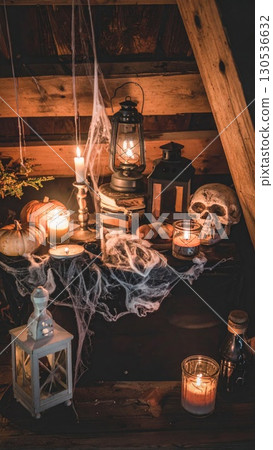 Halloween Still Life with Skull Pumpkins Candles and Lanterns in Rustic Wood Setting for Celebration 130536632