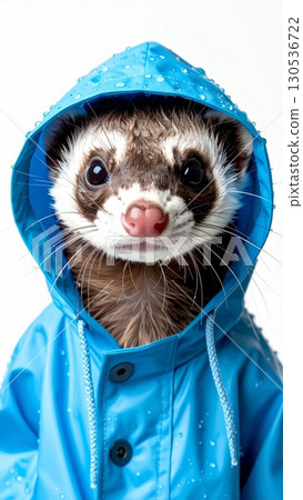 Adorable Ferret Portrait Wearing a Blue Raincoat with Hood in a Studio Setting 130536722