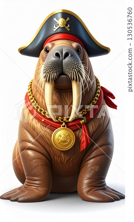 Cute Walrus Pirate in Black Hat with Gold Skull and Scarf on White Background 130536760