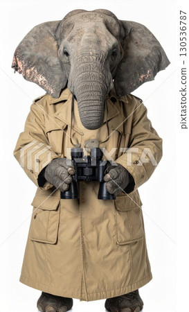 Elephant Dressed in a Beige Trench Coat Holding Binoculars on White Background Elephant Dressed in a Beige Trench Coat Holding Binoculars on White Background 130536787
