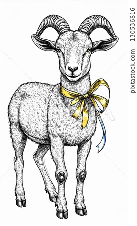 Detailed Line Drawing of a Sheep with Yellow Bow on White Background Animal Art Detailed Line Drawing of a Sheep with Yellow Bow on White Background Animal Art 130536816