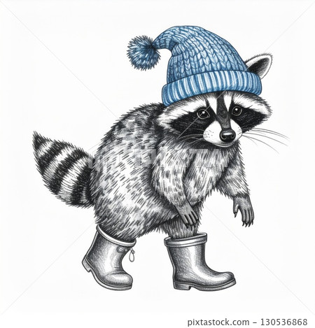Walking Raccoon with Striped Tail in Winter Hat and Boots on a White Background Walking Raccoon with Striped Tail in Winter Hat and Boots on a White Background 130536868