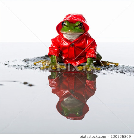 Green Frog Wearing Red Raincoat Standing in Puddle on White Background Studio Shot Green Frog Wearing Red Raincoat Standing in Puddle on White Background Studio Shot 130536869
