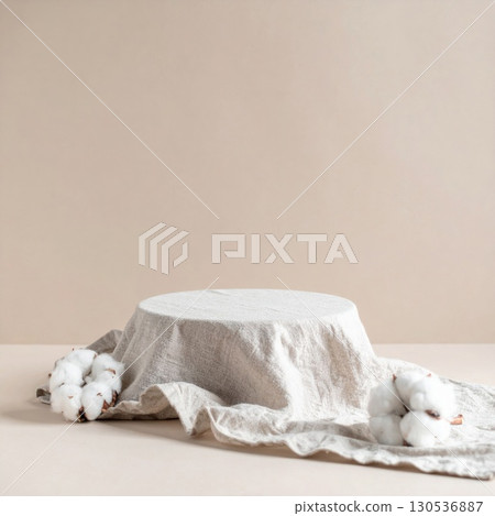 Minimalist Product Display Podium Draped in Beige Fabric with Cotton Flowers Studio Shot 130536887
