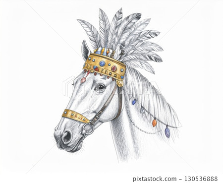 Detailed Illustration of a White Horse Wearing a Jeweled Feather Headdress on a White Background Detailed Illustration of a White Horse Wearing a Jeweled Feather Headdress on a White Background 130536888