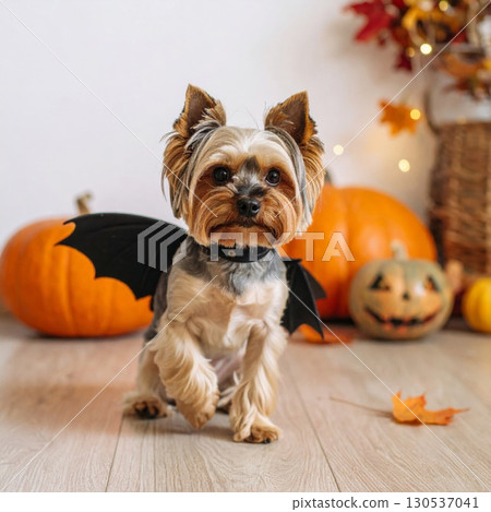 Yorkshire Terrier with Bat Wings Costume Posing near Pumpkins Fall Foliage and Warm Lighting 130537041