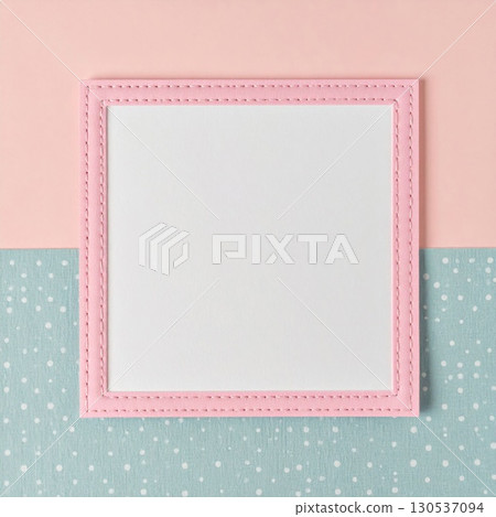 Pink Stitched Felt Square Frame on Divided Pastel Geometric Background Template 130537094