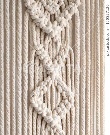 Detailed Beige Macrame Wall Hanging Art Decor on White Background Featuring Rope Knot Design Handmade Craft 130537126