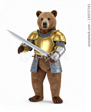 Brown Bear in Gold Armor Holding Steel Sword Isolated on White Background Brown Bear in Gold Armor Holding Steel Sword Isolated on White Background 130537161