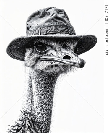 Elegant Emu Portrait with Fedora Hat in Grayscale Close Up of Avian Wildlife Elegant Emu Portrait with Fedora Hat in Grayscale Close Up of Avian Wildlife 130537171