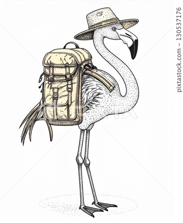 Cartoon Flamingo Wearing Hat and Backpack for Travel Adventure Illustration on White Background 130537176