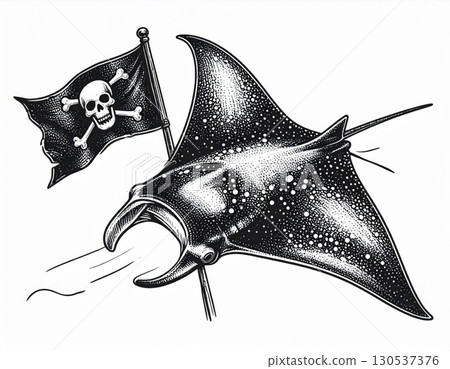 Pirate Flag Illustration With Manta Ray With Open Mouth and Ocean Adventure Theme 130537376