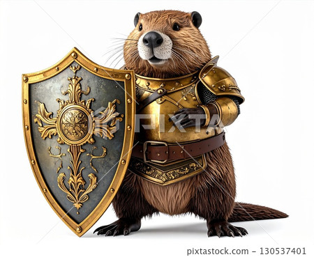 Beaver in Golden Armor Holding Shield on Isolated White Background Beaver in Golden Armor Holding Shield on Isolated White Background 130537401