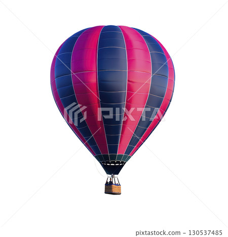 A vibrant hot air balloon with alternating red and blue panels floats against clear sky, showcasing sense of adventure and freedom. wicker basket hangs below, ready for passengers A vibrant hot air balloon with alternating red and blue panels floats against clear sky, showcasing sense of adventure and freedom. wicker basket hangs below, ready for passengers 130537485