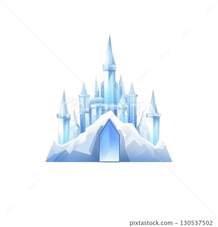 An enchanting ice castle with tall spires and icy blue hues stands majestically atop snowy mountain, evoking sense of wonder and magic 130537502