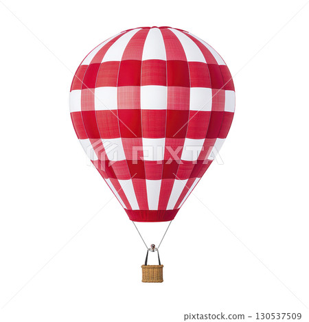 A vibrant red and white checkered hot air balloon floats against clear sky, showcasing its classic design. woven basket hangs below, ready for adventurous journey A vibrant red and white checkered hot air balloon floats against clear sky, showcasing its classic design. woven basket hangs below, ready for adventurous journey 130537509
