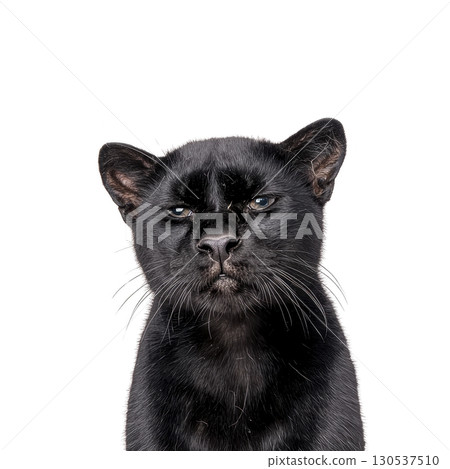 A black panther with serious expression is shown against plain background, highlighting its sleek fur and piercing eyes. image captures majestic and mysterious aura of animal 130537510