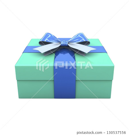 A beautifully wrapped turquoise gift box with shiny blue ribbon and bow, perfect for special occasions and celebrations. elegant design adds touch of excitement and anticipation 130537556