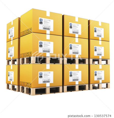 A stack of yellow cardboard boxes with labels is neatly arranged on wooden pallets, ready for shipping or storage. boxes are organized in grid pattern, indicating efficient logistics 130537574