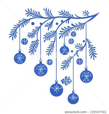 A festive illustration of blue Christmas tree branch adorned with hanging ornaments and snowflakes, evoking joyful holiday spirit A festive illustration of blue Christmas tree branch adorned with hanging ornaments and snowflakes, evoking joyful holiday spirit 130537581