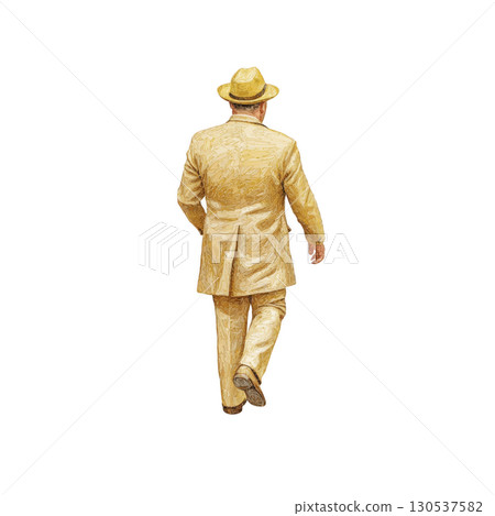 A man in yellow suit and hat walks away, exuding confidence and style. vibrant attire stands out, creating striking visual against plain background A man in yellow suit and hat walks away, exuding confidence and style. vibrant attire stands out, creating striking visual against plain background 130537582