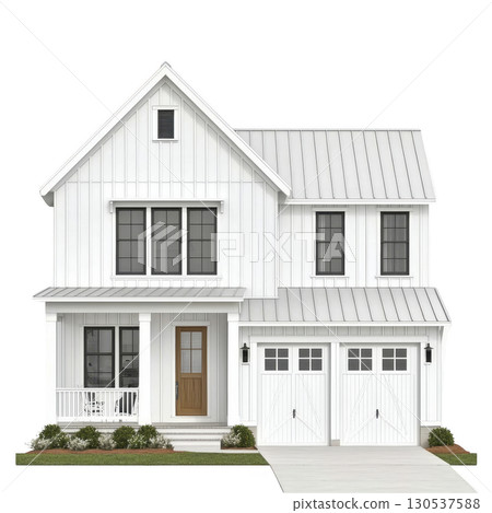 A modern white farmhouse with metal roof and black framed windows features welcoming front porch and two car garage, surrounded by simple landscaping 130537588