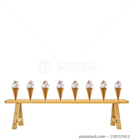 A row of eight ice cream cones with colorful sprinkles is neatly arranged on wooden bench, creating playful and inviting scene. cones are evenly spaced, showcasing delightful treat 130537612