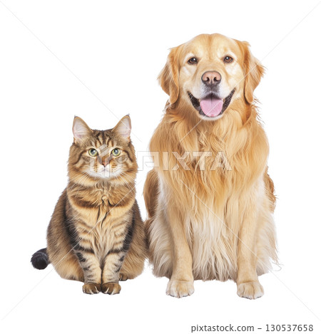 A fluffy tabby cat and cheerful golden retriever sit side by side, showcasing their friendly companionship. cat striped fur contrasts with dog golden coat, creating heartwarming scene 130537658