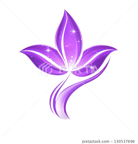 A vibrant, stylized purple flower with sparkling accents and elegant curves, set against transparent background, conveys sense of beauty and grace 130537696